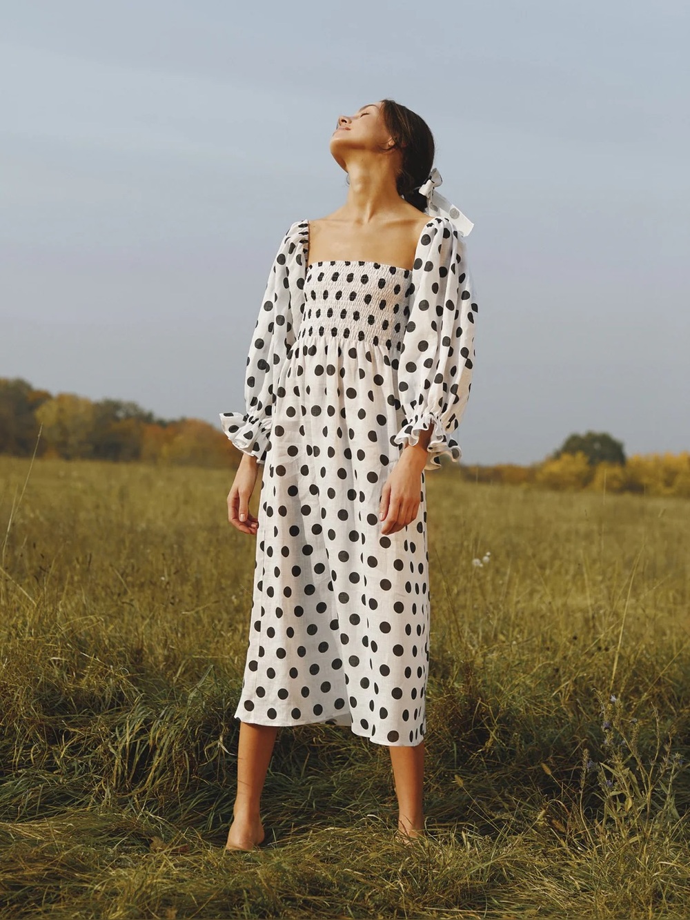 Sleeper Atlanta Polka Dot Smocked Nap Dress Midi Linen